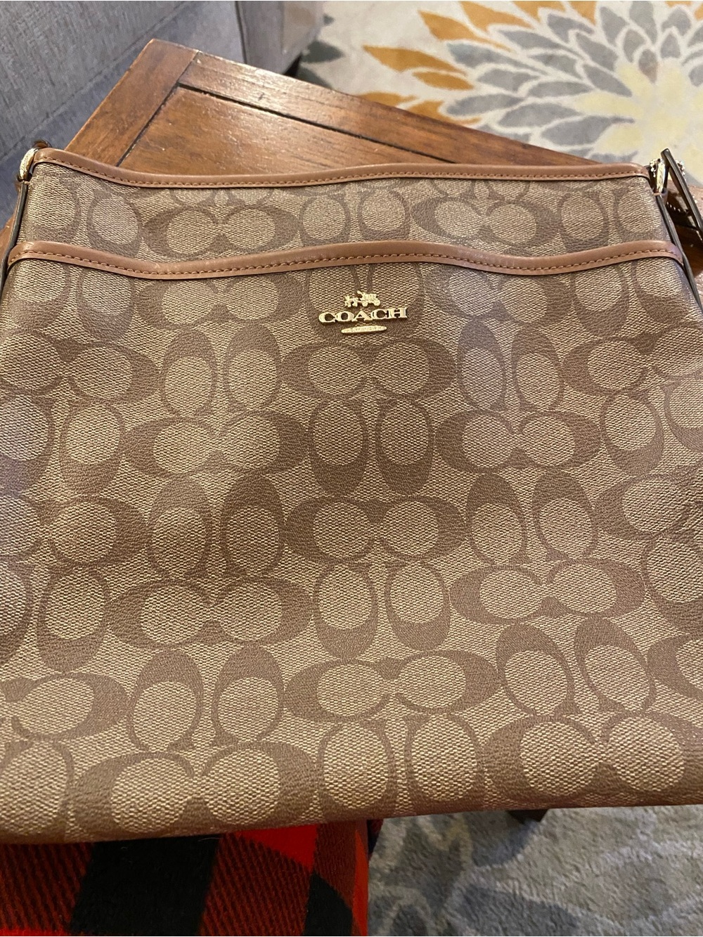 Coach Brown Signature Jacquard Crossbody with Leather Trim
